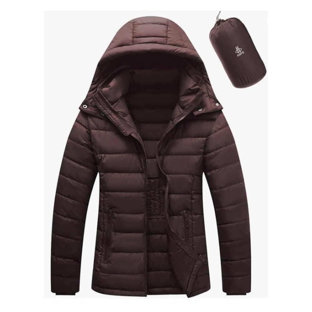Wine Red Packable‎ Puffer Jacket, Women's Small, Lightweight Hooded Winter Coat